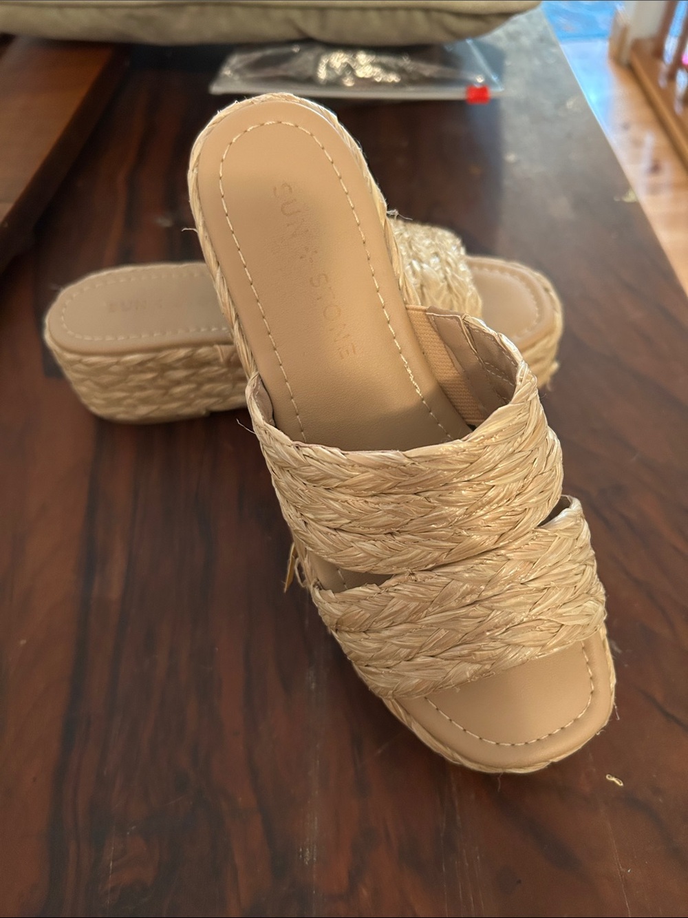 Sun + stone raffia woven straw slides sandals platform natural beige tan